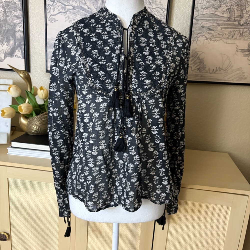 DOEN Floral Print Cotton Tassel Long Sleeve Top Size Small Boho